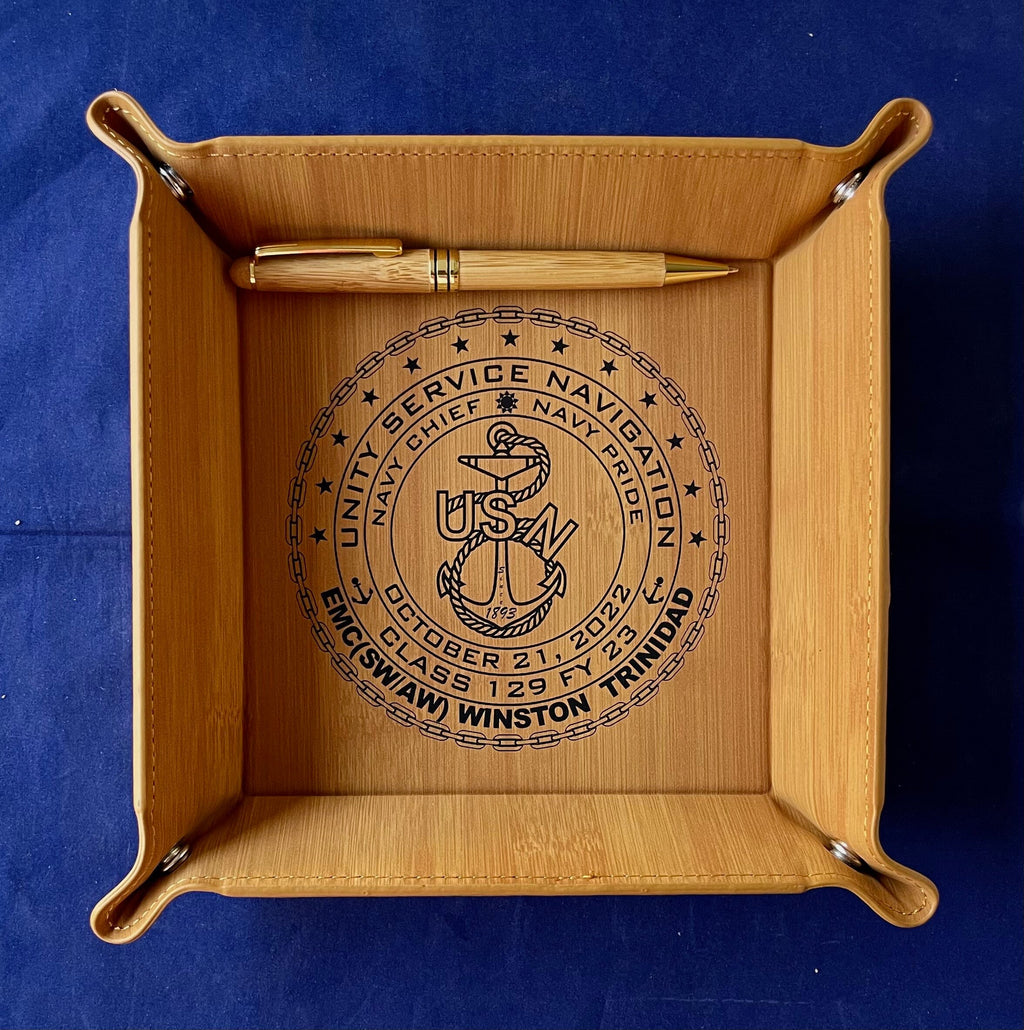 CPO Class 129/FY23 6”x6” Leatherette Snap Up Tray. PM us your information.