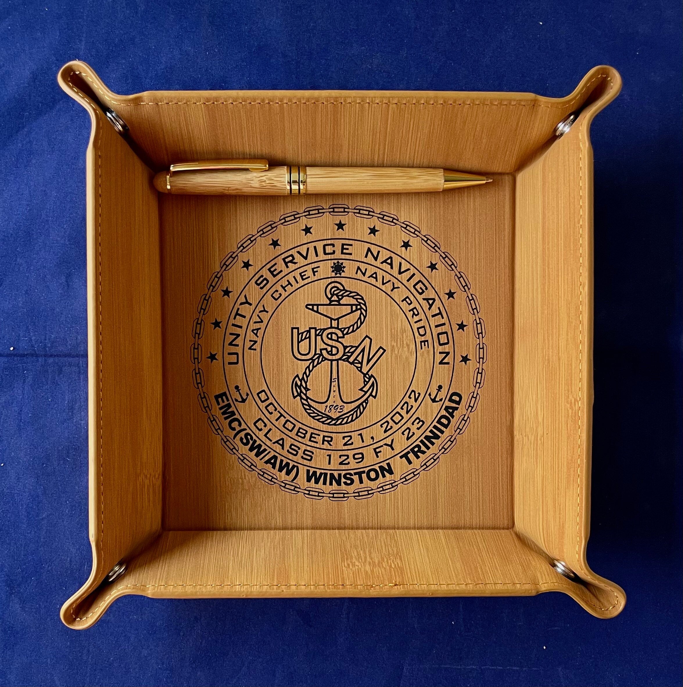 CPO Class 129/FY23 6”x6” Leatherette Snap Up Tray. PM us your information.