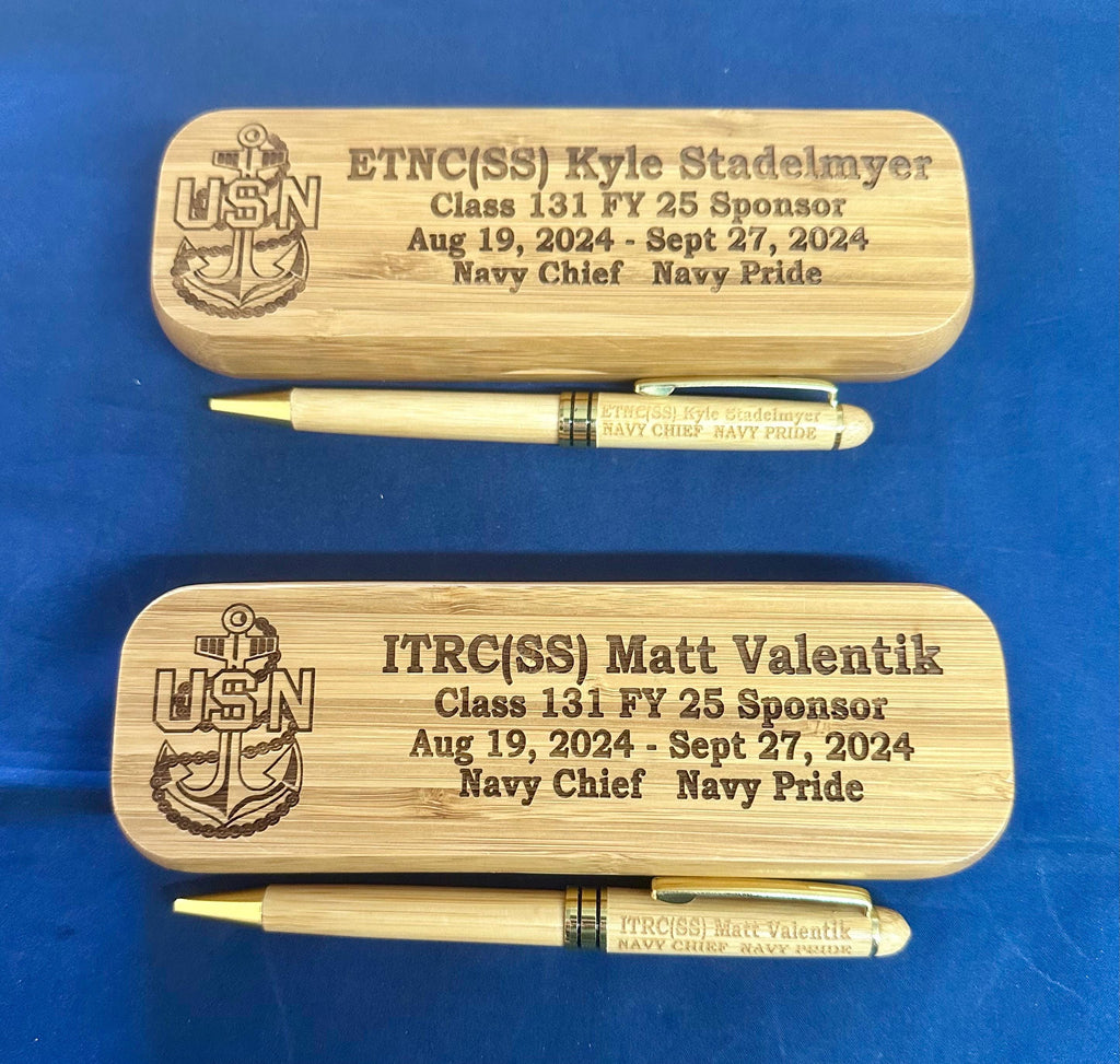 Personalized Bamboo Pen and Holder for U.S. Navy Chief Petty Officer Class 131/FY25 Sponsors and Leads. Message us the name & rate.