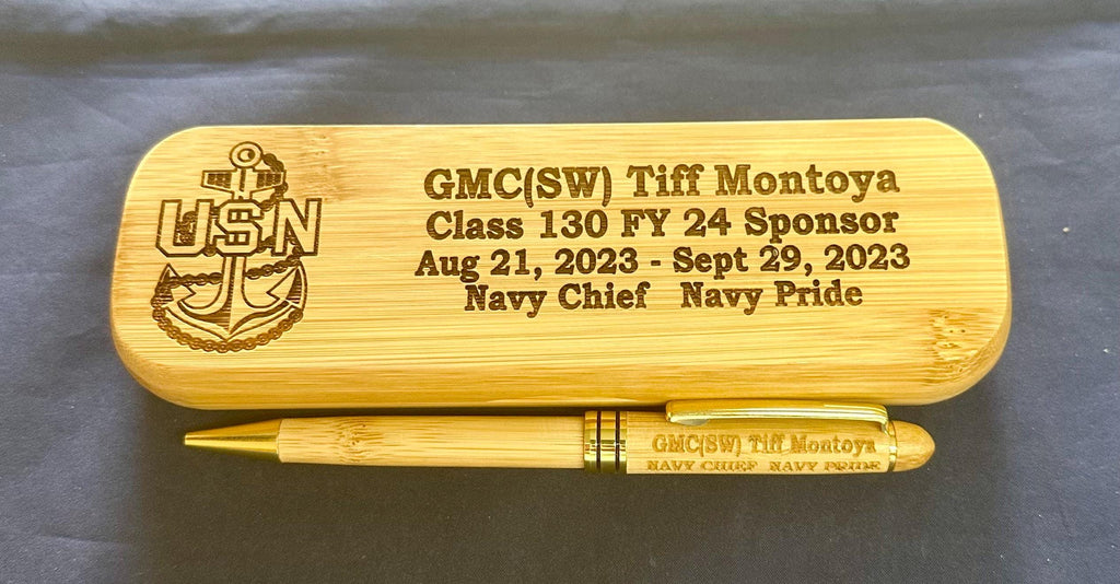 Personalized Bamboo Pen and Holder for U.S. Navy Chief Petty Officer Class 131/FY25 Sponsors and Leads. Message us the name & rate.