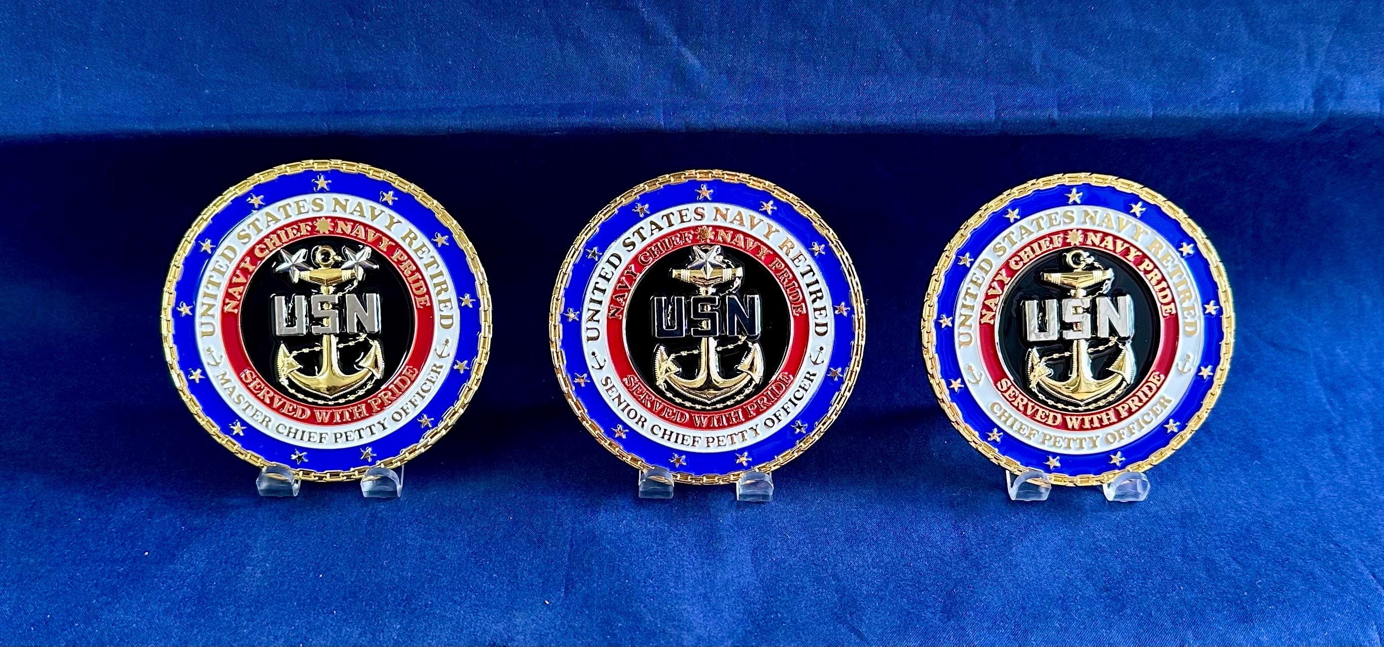 Personalized Retired Coin for U.S. Navy CPO, SCPO, MCPO, All Hands, Officer, Mustang. Please message us the name & date, other information.