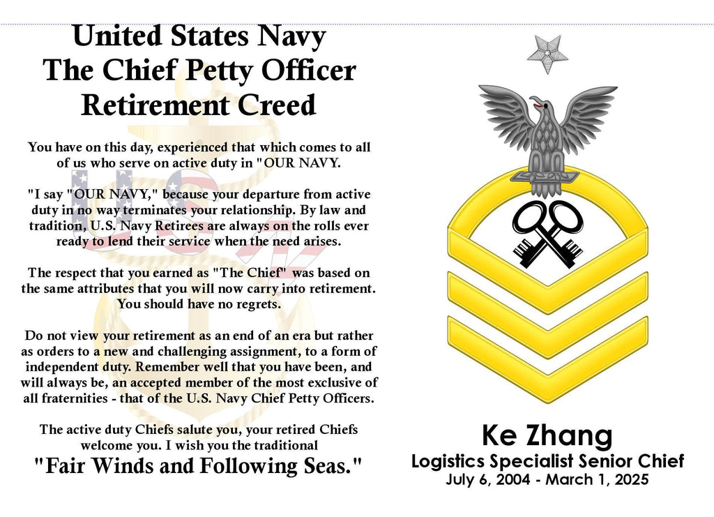US Navy Chief / Senior Chief / Master Chief / CMDCM / CMDCS Retired Piano Finish Plaque