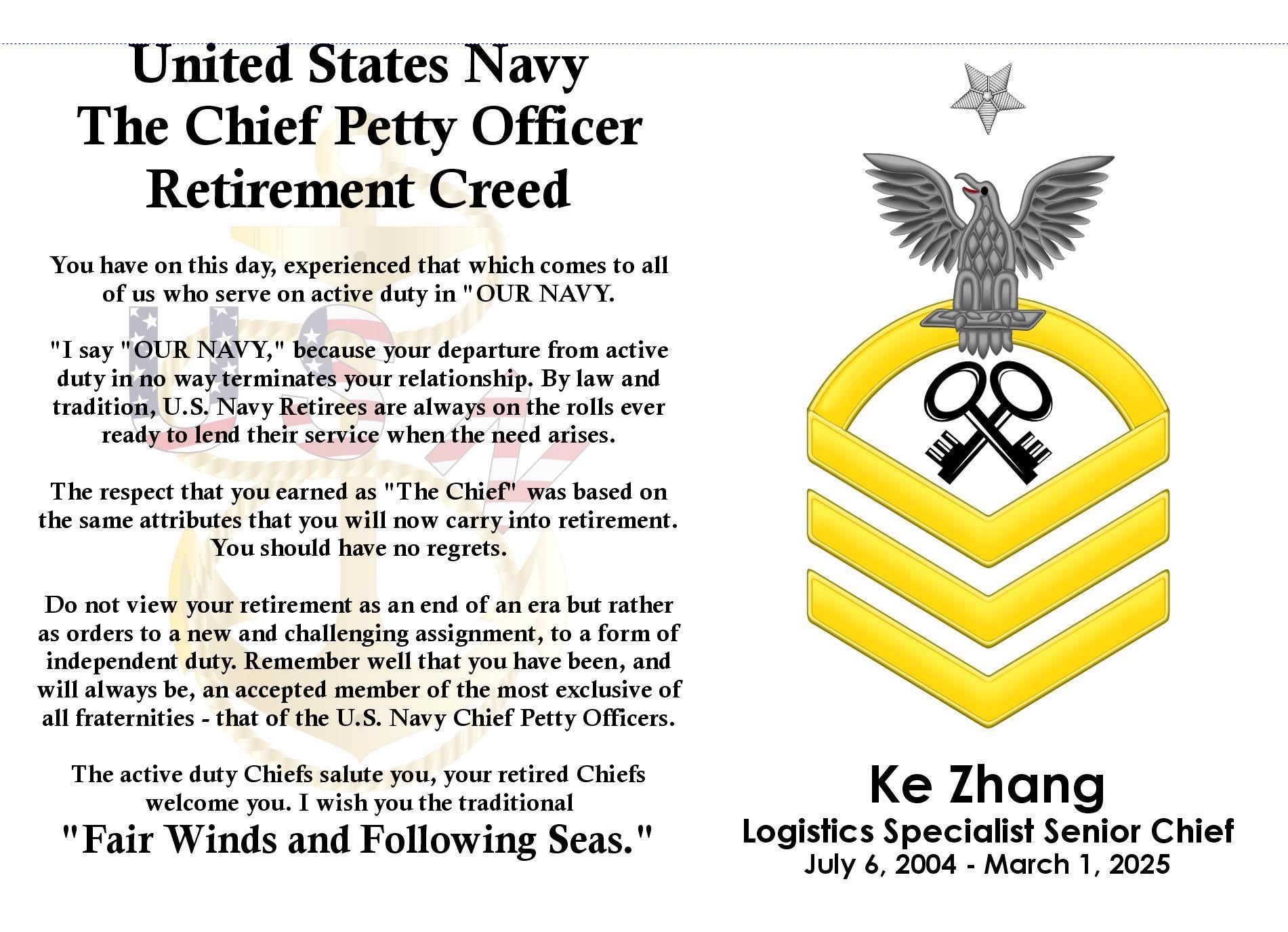 US Navy Chief / Senior Chief / Master Chief / CMDCM / CMDCS Retired Piano Finish Plaque