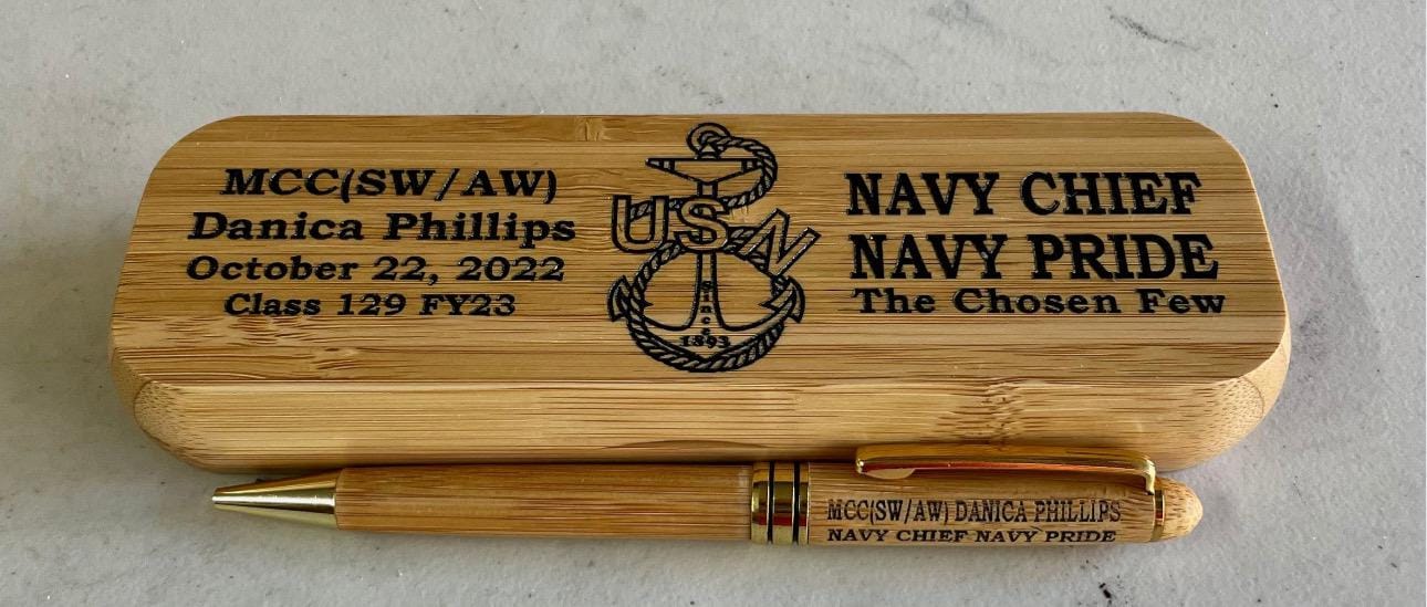 Personalized Bamboo Pen and Holder for newly U.S. Navy Chief Petty Officer Class 131/FY25. Message us the name & rate.