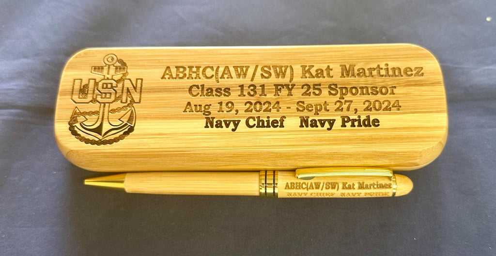 Personalized Bamboo Pen and Holder for U.S. Navy Chief Petty Officer Class 131/FY25 Sponsors and Leads. Message us the name & rate.