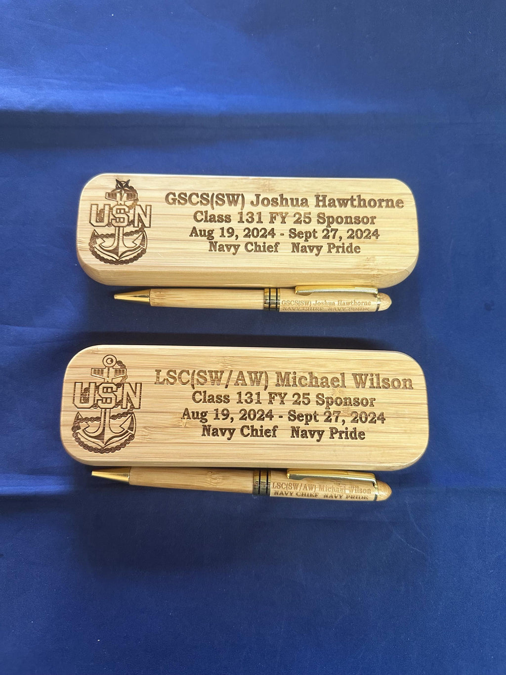 Personalized Bamboo Pen and Holder for U.S. Navy Chief Petty Officer Class 131/FY25 Sponsors and Leads. Message us the name & rate.