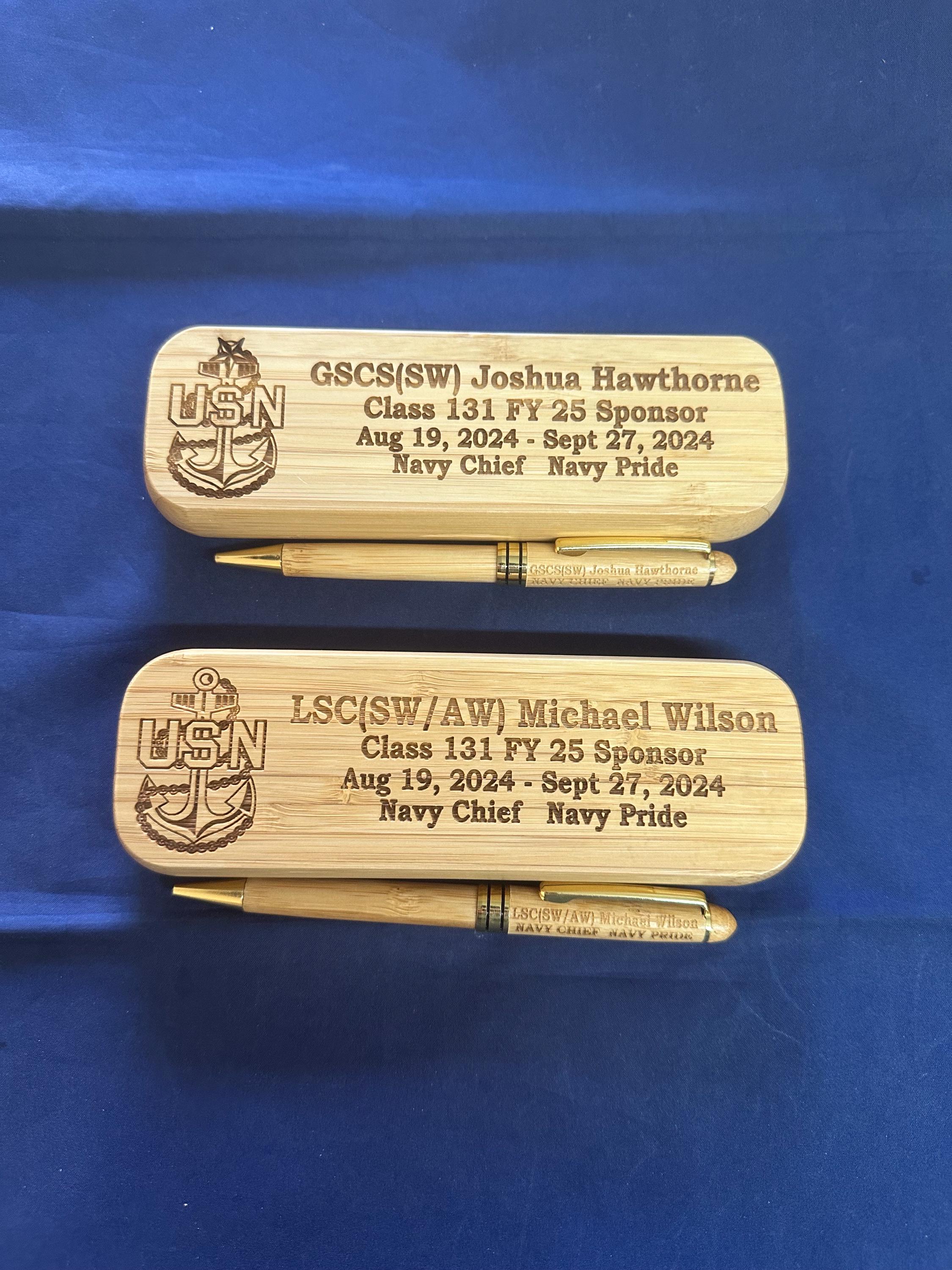 Personalized Bamboo Pen and Holder for U.S. Navy Chief Petty Officer Class 131/FY25 Sponsors and Leads. Message us the name & rate.