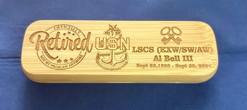 Personalized Bamboo Pen and Holder for U.S. Navy Retired. Message us the name & rate.