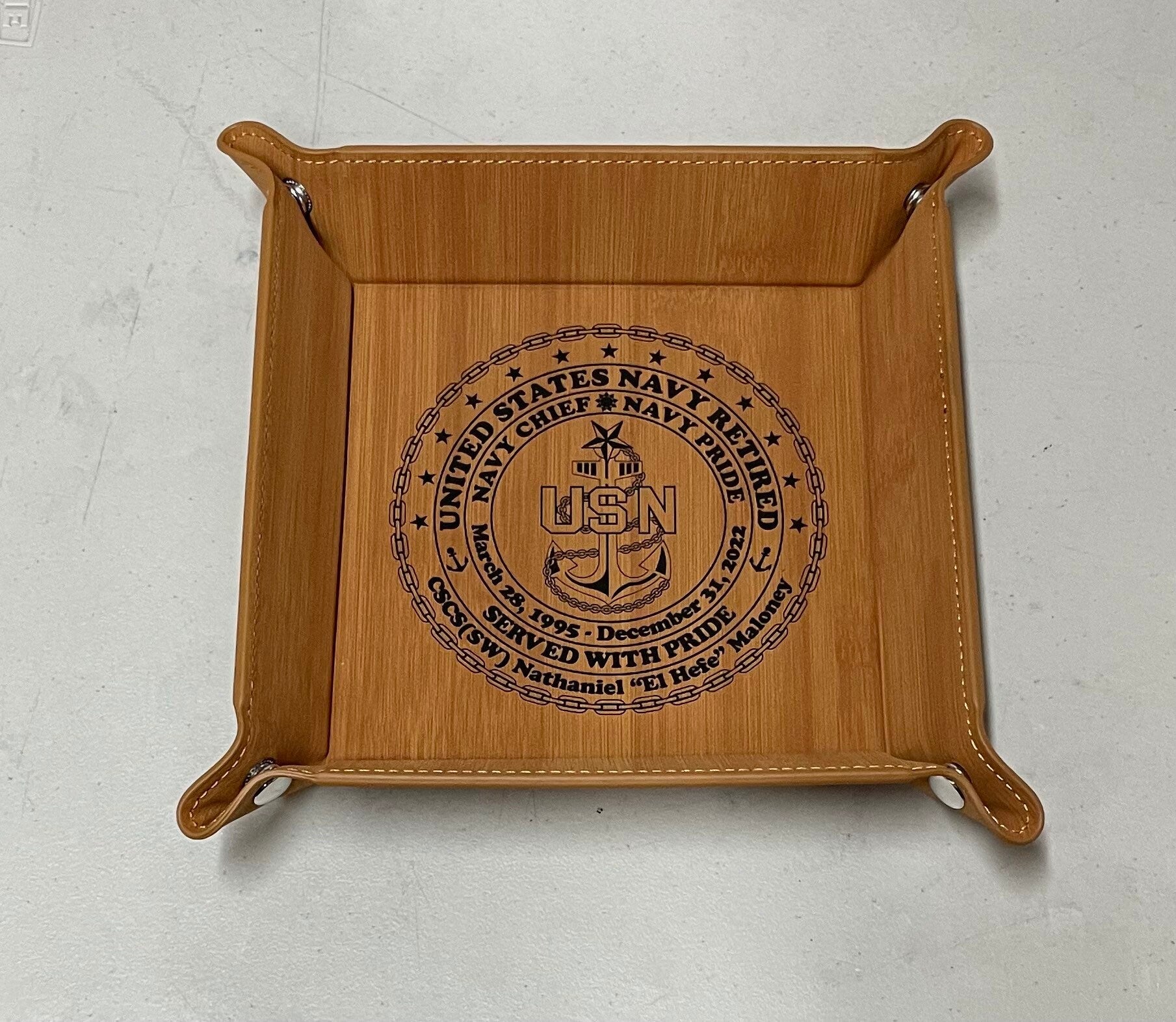 6”x6” Leatherette Snap Up Tray USN Personalized Retired. PM us your information.