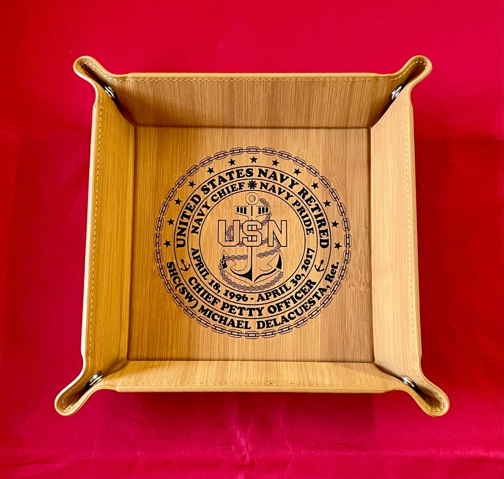 6”x6” Leatherette Snap Up Tray USN Personalized Retired.