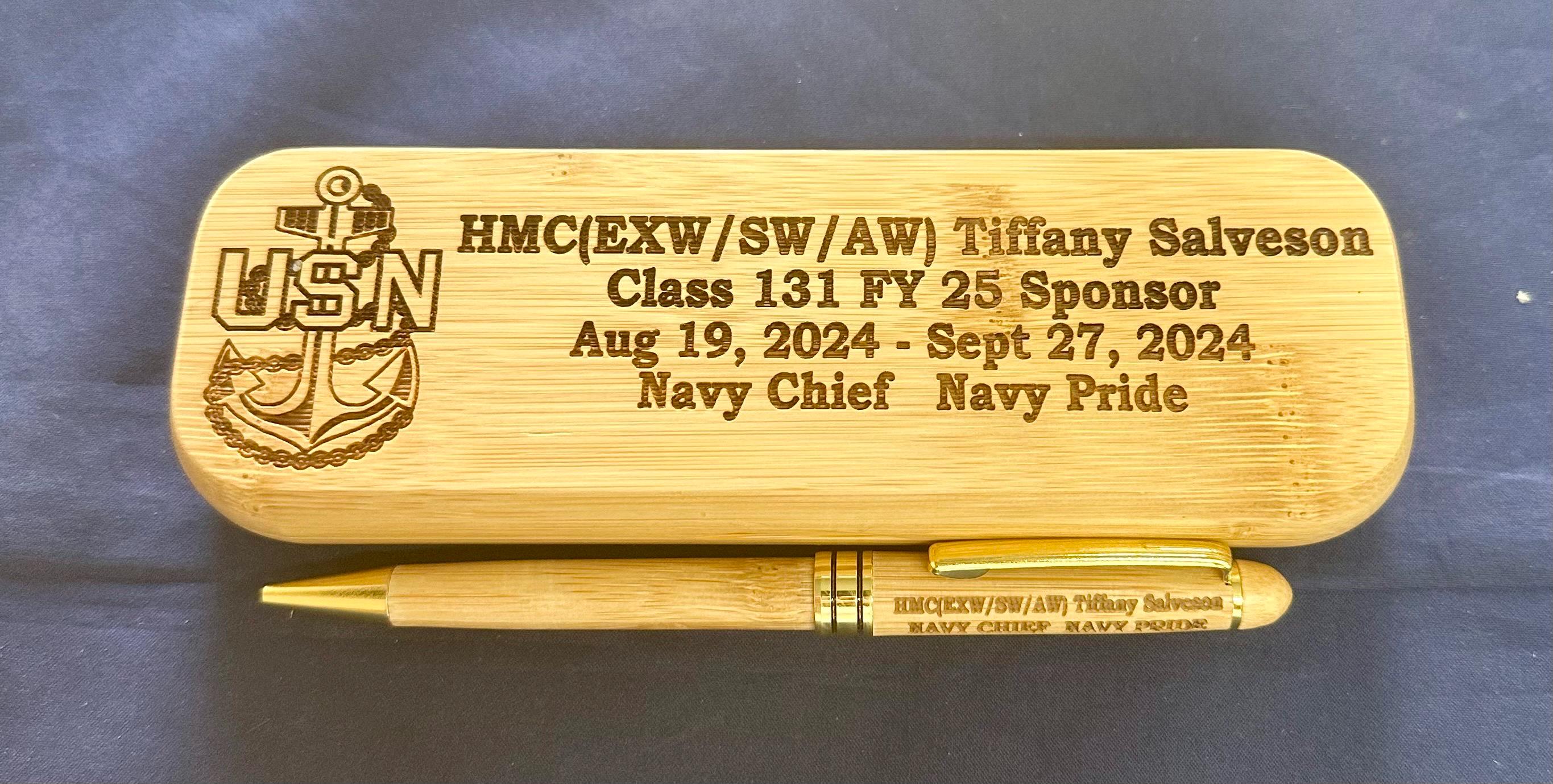 Personalized Bamboo Pen and Holder for U.S. Navy Chief Petty Officer Class 131/FY25 Sponsors and Leads. Message us the name & rate.