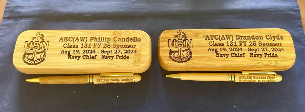 Personalized Bamboo Pen and Holder for U.S. Navy Chief Petty Officer Class 132/FY26 Sponsors and Leads. Message us the name & rate.