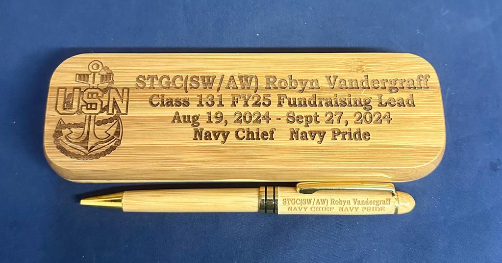 Personalized Bamboo Pen and Holder for U.S. Navy Chief Petty Officer Class 132/FY26 Sponsors and Leads. Message us the name & rate.