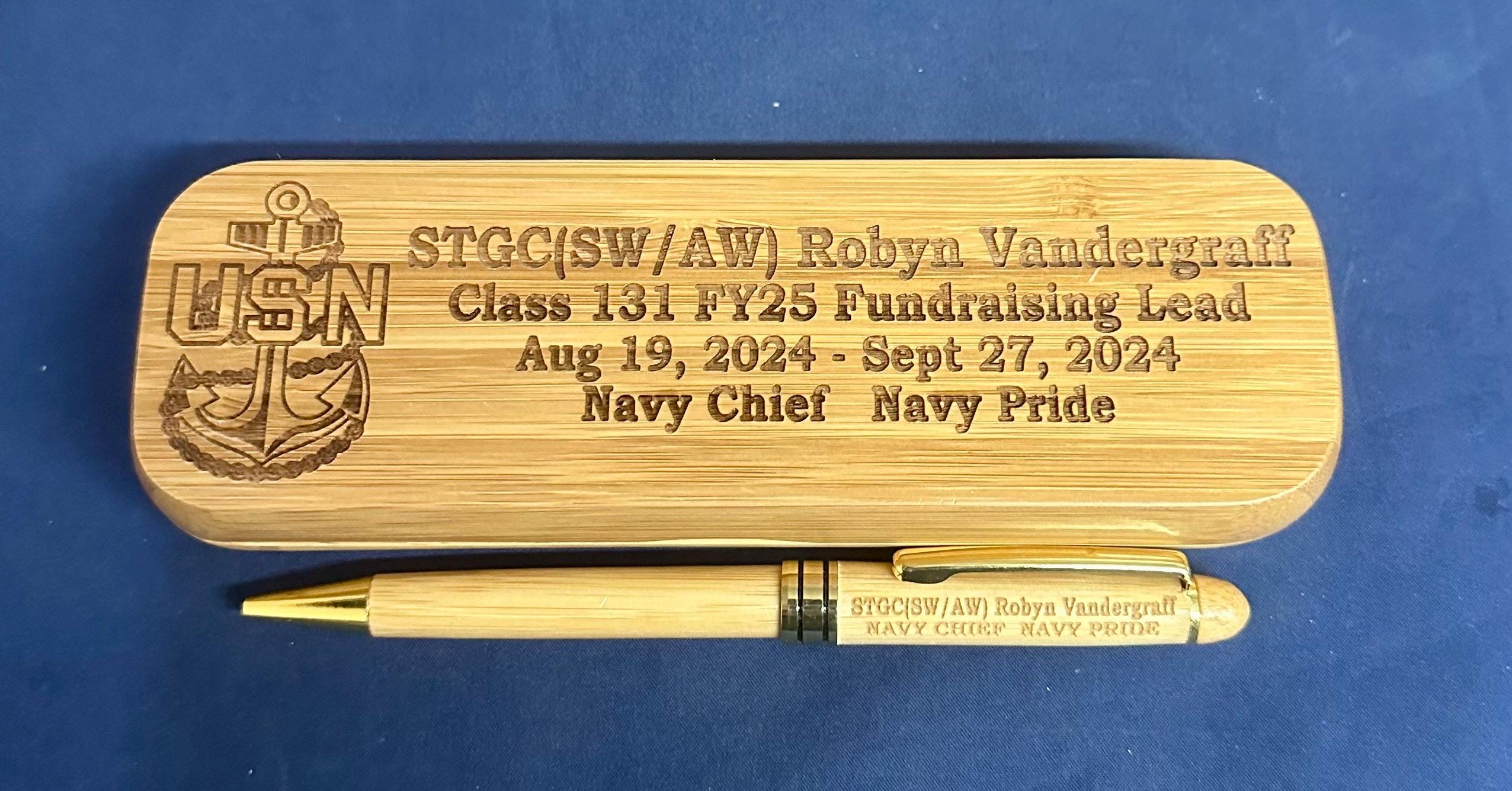 Personalized Bamboo Pen and Holder for U.S. Navy Chief Petty Officer Class 132/FY26 Sponsors and Leads. Message us the name & rate.