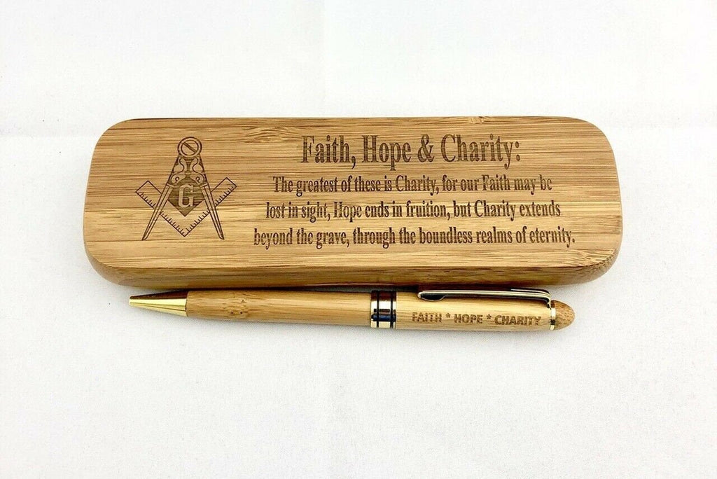 Faith Hope Charity Masonic Bamboo Pen and Pen Holder ***FREE SHIPPING***