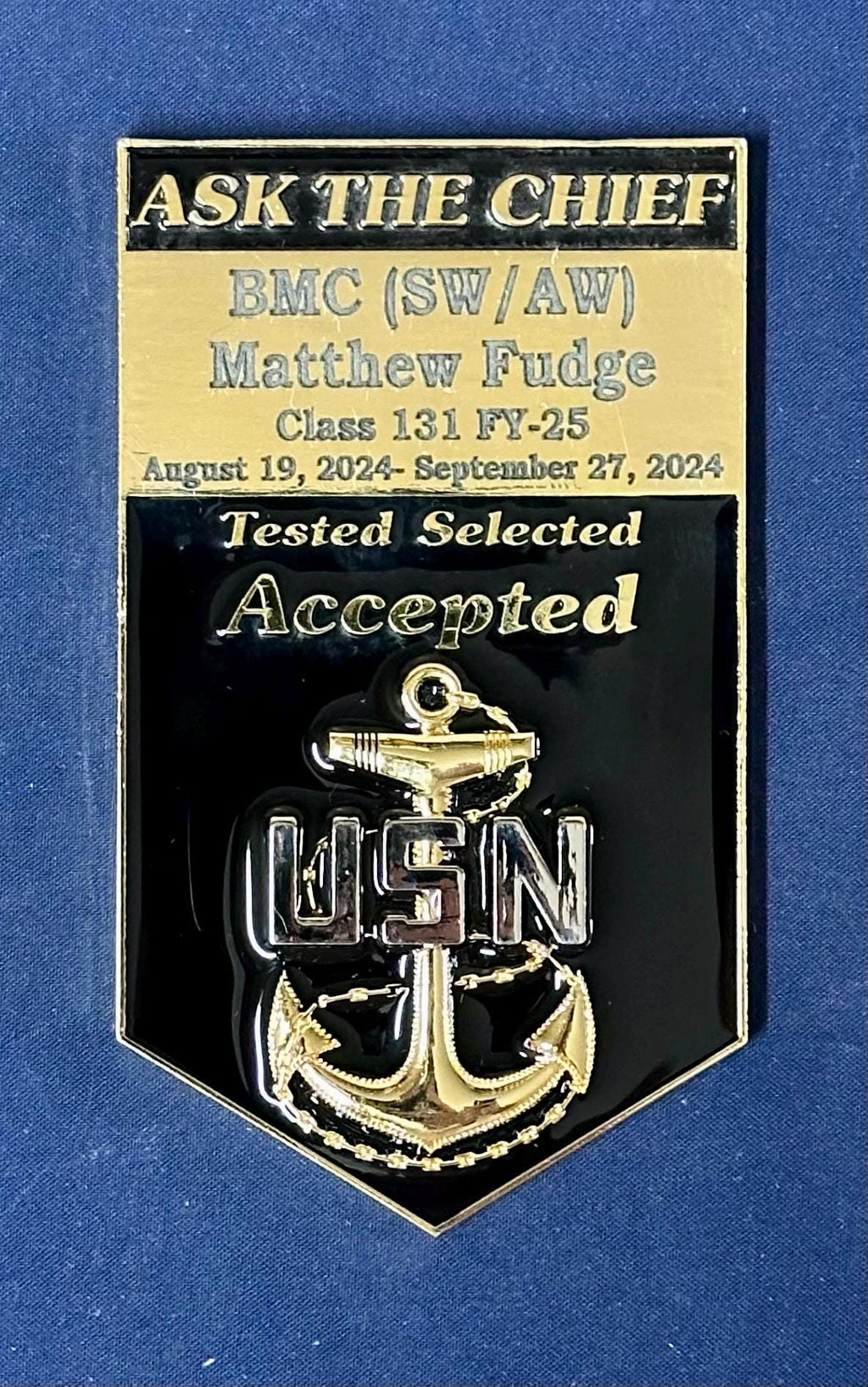Personalized Chevron Coin for U.S. Navy Chief Petty Officer Class 132/FY26 Sponsors and Leads. Message us the name & rate.