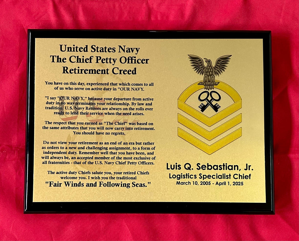 US Navy Chief / Senior Chief / Master Chief / CMDCM / CMDCS Retired Piano Finish Plaque