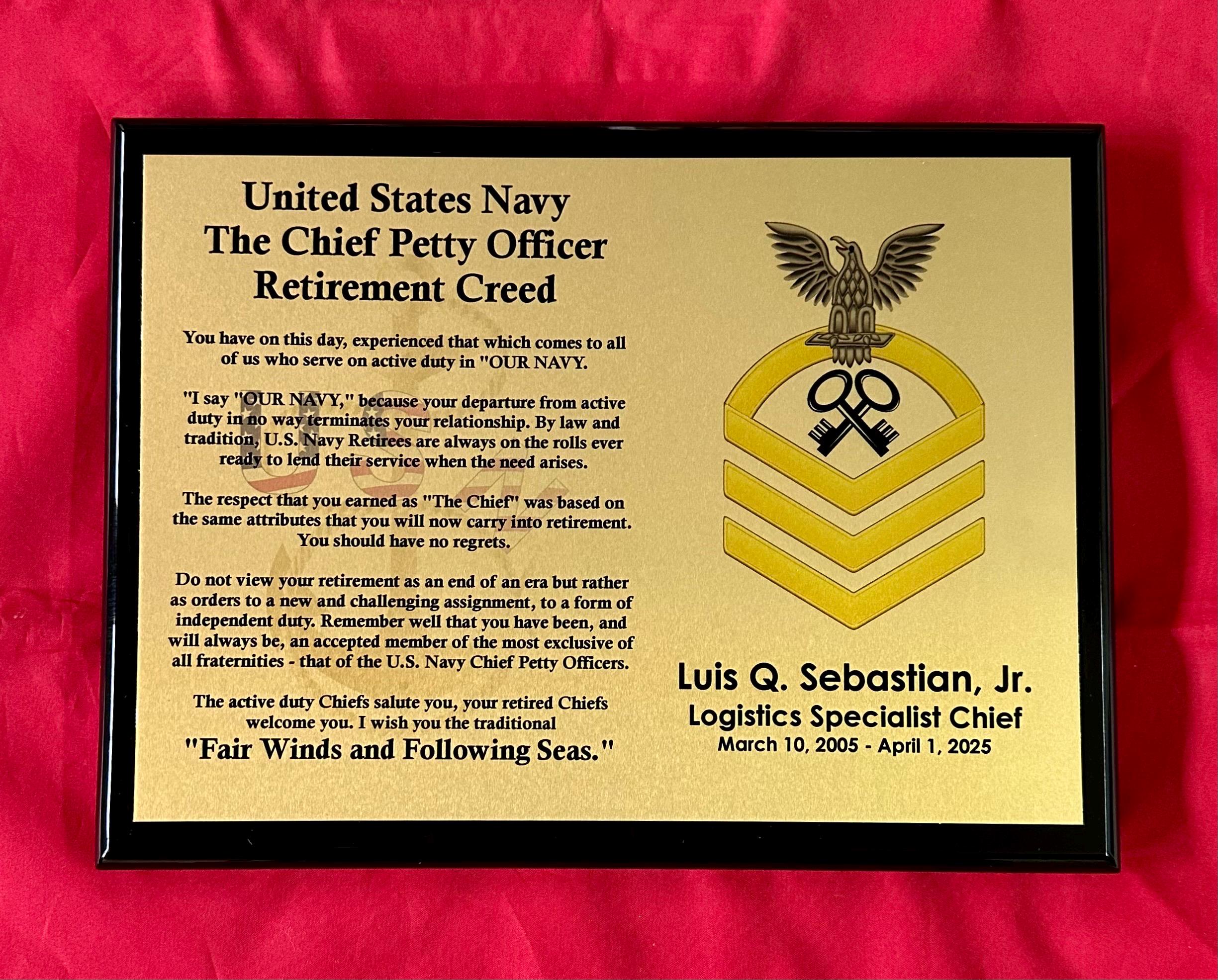 US Navy Chief / Senior Chief / Master Chief / CMDCM / CMDCS Retired Piano Finish Plaque